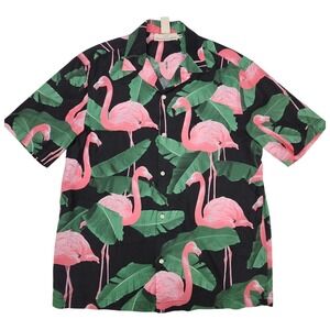 Flamingo Print Tropical Short Sleeve Button Up Shirt Sz L H&M LOGG Hawaiian